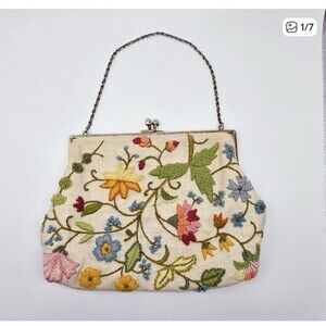 VINTAGE 1960'S COTTAGECORE EMBROIDERY JACOBEAN FLORAL HANDBAG PURSE SPRING